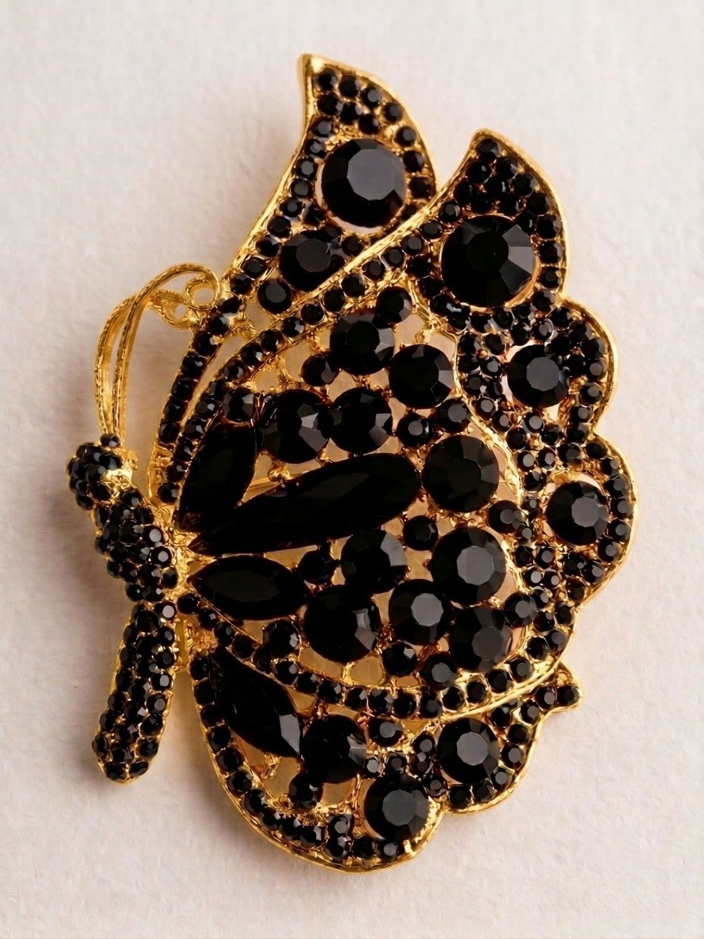 Stunning Vintage Gold & Black Onyx Crystal Butterfly Brooch 🦋✨